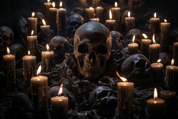 Skull surrounded by candles. Halloween theme background
