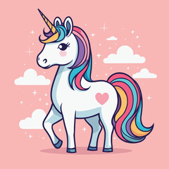 Adorable cartoon unicorn with rainbow mane and tail stands against a pink sky adorned with fluffy clouds and twinkling stars, exuding a magical and whimsical charm.