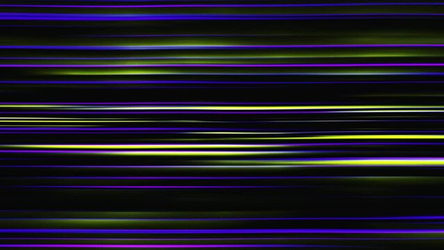 Animation of dynamic and vibrant speed lights video effect, with horizontal stripes pattern on dark background, illustrating motion and velocity.