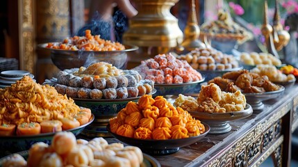 At a Buddhist temple, worshippers offer food as an act of reverence. The arrangement of fruits, flowers, and dishes is a tangible representation. Budha birthday, wesak day.