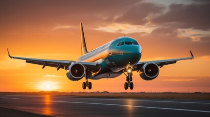 Commercial jetliner taking off at sunset or dawn with landing gear down on blurred background