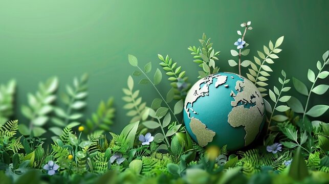 Earth globe in green grass at sunny background. Concept of the Environment World Earth Day, vector illustration.