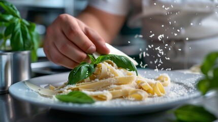 Featuring Copy Space for Text on the Right, an Expert Chef in a Professional Kitchen Garnishing a Plate of Handmade Pasta with Fresh Basil and Parmesan, Under Flawless Lighting.