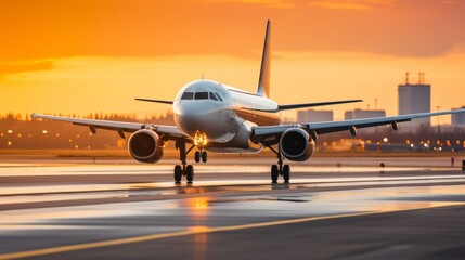 Jetliner taking off with landing gear down at sunrise or sunset, blurred runway background - obrazy, fototapety, plakaty