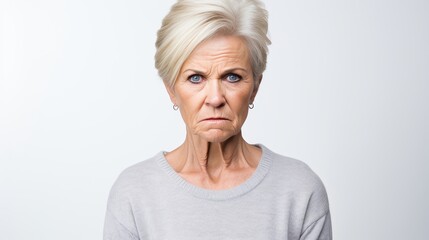 Angry senior woman with intense expression looking at camera, copy space for text - obrazy, fototapety, plakaty