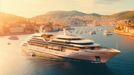 Fototapeta premium Luxury cruise ship in mediterranean at sunset. Aerial view of premium liner for vacation getaway.