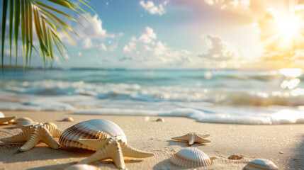 Fototapeta na wymiar Seashells and palm leaf on sandy beach. Summer vacation concept