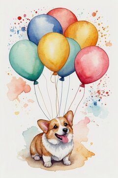 watercolor happy birthday card with a corgi and balloons