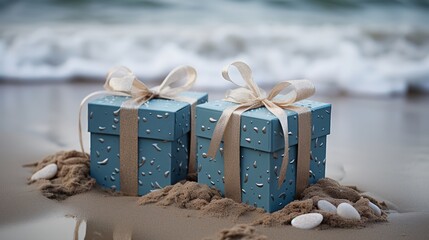 Christmas gift on the beautiful sandy beach with copy space for text and holiday presents
