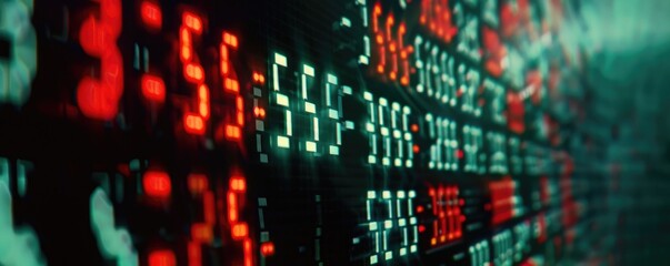 Red and blue digital LED panel displaying numbers and data, an abstract concept of data analytics, network, and computing