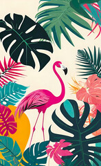 Vector illustration, modern collage of floral illustrations of tropical elements, palm leaf, logo for greeting card, background or label, smartphone backgrounds,