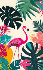 Obraz premium Vector illustration, modern collage of floral illustrations of tropical elements, palm leaf, logo for greeting card, background or label, smartphone backgrounds,