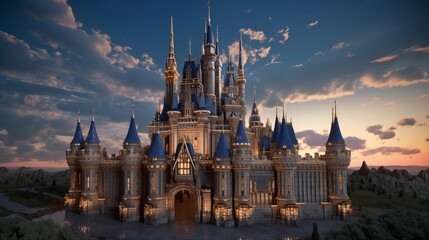 Obraz premium Visualize a breathtaking scene where an ancient, majestic castle stands beside a sleek, contemporary skyscraper, symbolizing the blend of historical and modern architecture