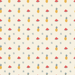 Summer pattern. Seamless template with pineapples, watermelon, tropical leaves. Vector illustration on beige background