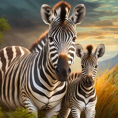 Fototapeta na wymiar Mother Zebra and Her Colt, Mother Animals are Fun, Animals are Fun series, Zen Curio Shop