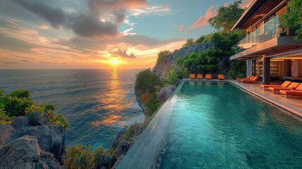Fototapeta na wymiar Stunning View from Luxurious Villa Overlooking Breathtaking Ocean Sunset