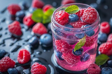 Vibrant Mix of Fresh Berries with Mint in Glass