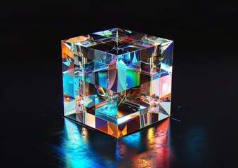 A multicolored cube sits atop a table in a simple and geometric arrangement