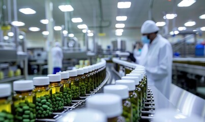A pharmaceutical production line with diligent workers wearing protective gear and monitoring bottles of pills ensuring quality control