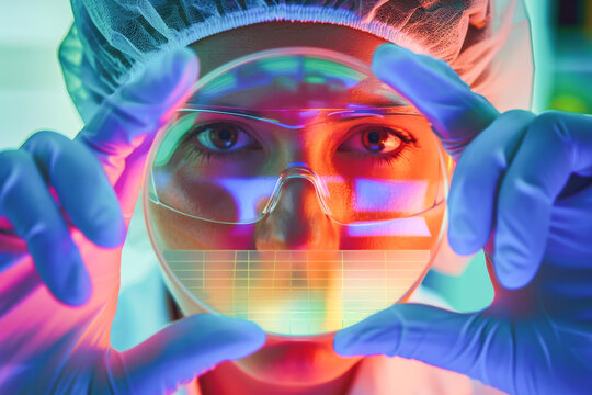 A female scientist wearing latex gloves inspects a semiconductor chip, showcasing expertise and precision in technology research.