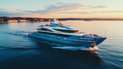 Fototapeta premium Luxury mediterranean cruise ship at sunset, premium liner aerial view, vacation getaway