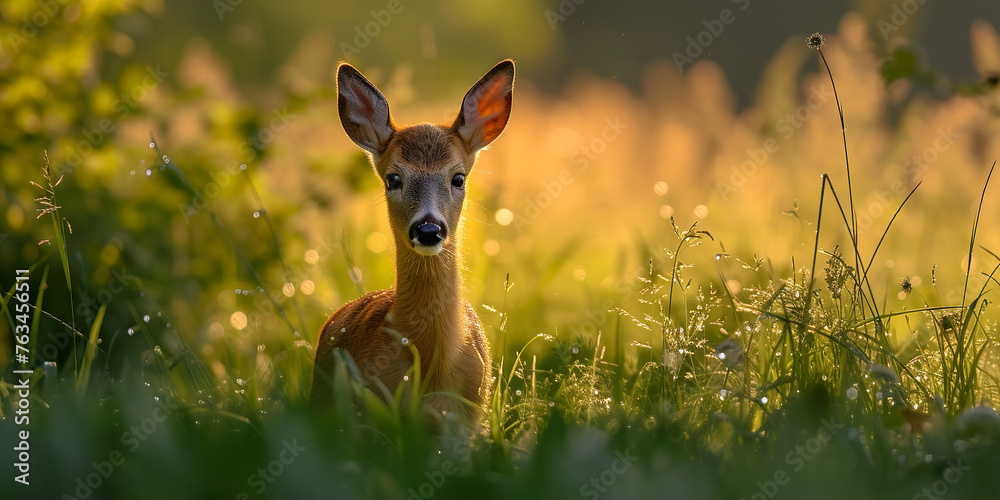 Wall mural Young roe deer in the grass. Animals in wildlife