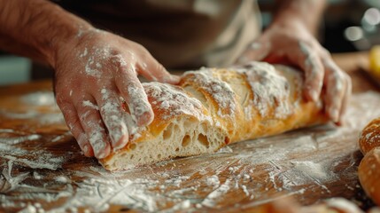 Chef's hands holding freshly baked floured ciabatta lying on a wooden board