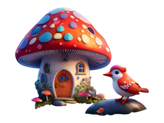 A beautiful cartoon mushroom house Clipart, mushroom house t shirt design, fantasy garden, mushroom home, stickers, posters, fairy house in forest, 3d illustration, Generative Ai,21