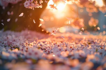 Blossoming cherry trees and their delicate petals scattered on the ground - obrazy, fototapety, plakaty