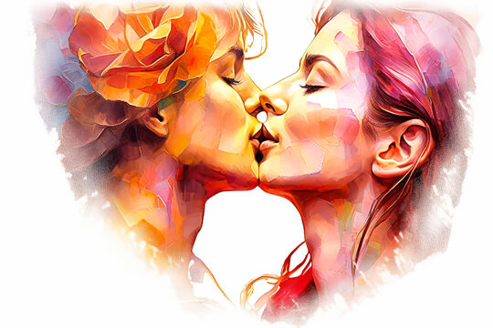 A painting of two women kissing in a heart shape