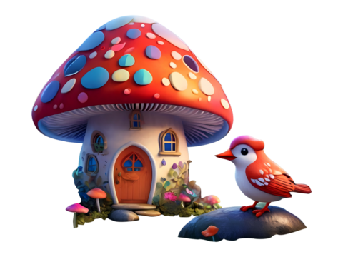 A beautiful cartoon mushroom house Clipart, mushroom house t shirt design, fantasy garden, mushroom home, stickers, posters, fairy house in forest, 3d illustration, Generative Ai,21