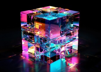 A cube featuring various colors is positioned on top of a table, creating a visually striking contrast