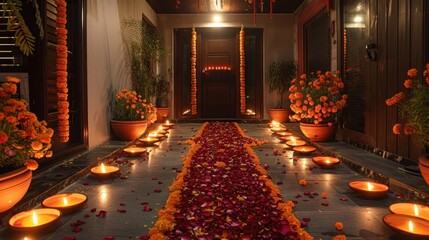 Diwali candle decorations of the home entrance. Modern house decor. - obrazy, fototapety, plakaty