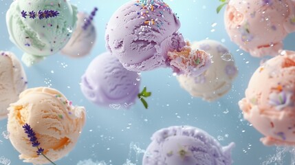 Gastronomic Wonderland: Ice Cream Explosion in Pastel Paradise - Imagine a dreamy explosion of soft, pastel-colored ice creams, gently floating against a sky-blue background. - obrazy, fototapety, plakaty