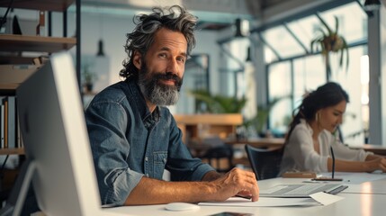 Fototapeta premium Cheerful man with grey hair and beard, smiling at the camera, colleague working in the background, creative office environment.