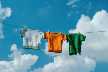 clothes drying under sky on a string with clips