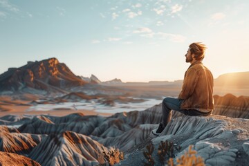 Man sitting on a cliff overlooking desert landscape, contemplation, solitude, adventure, sunset, tranquil nature scene.