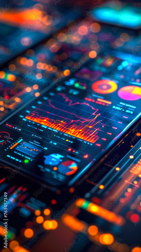 Poster futuristic smartphone displaying advanced data analytics and business intelligence graphs on a dynam