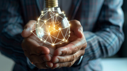 Close-up view of a businessman's hands cradling a light bulb infused with a neural network structure, symbolizing the integration of human intelligence with AI-driven business strategies - Powered by Adobe