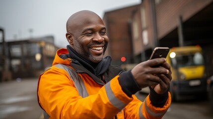 Happy construction workers smiling and checking their smartphones at the construction site - obrazy, fototapety, plakaty