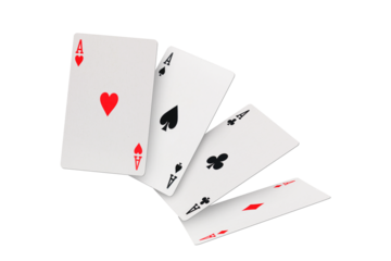 Four aces of diamonds clubs spades and hearts falling playing cards on transparent background