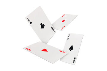 Four aces of diamonds clubs spades and hearts falling playing cards on transparent background