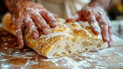 Overworked male hands demonstrate the delicate crumb of freshly baked ciabatta lying on a wooden board - obrazy, fototapety, plakaty