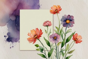 Watercolor flowers card background with space