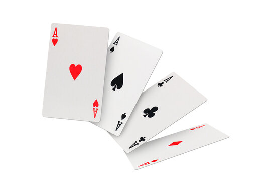 Four aces of diamonds clubs spades and hearts falling playing cards on transparent background