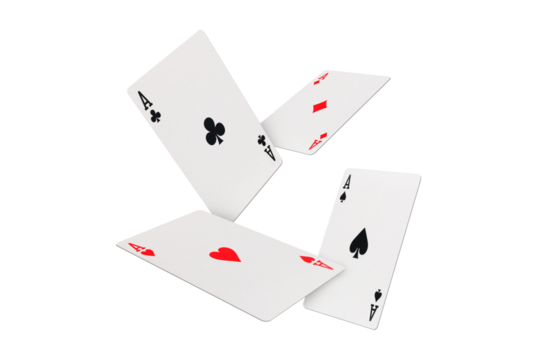 Four aces of diamonds clubs spades and hearts falling playing cards on transparent background