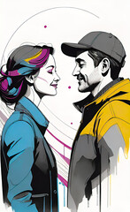 Vector illustration, pop art, man and woman looking into each other's eyes and smiling, each other, happy couple in love, backgrounds for smartphone,