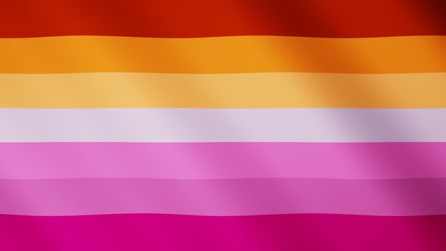 3d Lesbian LGBT community Pride waving flag. Rainbow Homosexuality sunset wlw sign isolated background. Gay rights.