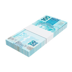 Money bills. Brazilian one hundred reais notes. Finance concept. Transparent background.