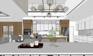 Interior living modern style, White and wooden modern kitchen with wooden island , with wooden details and panoramic window - 3D rendering, 3D illustration